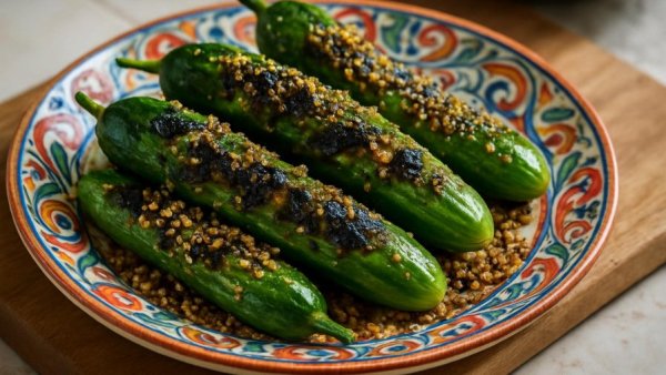 Blistered cucumbers with dukkah on vibrant plate.