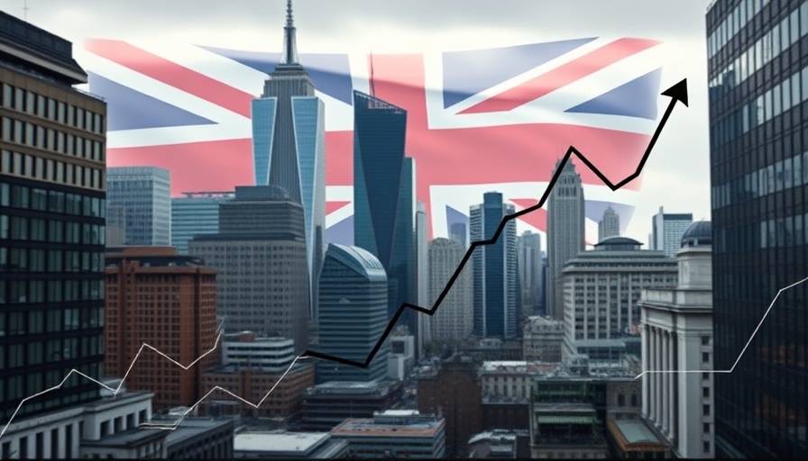Conceptual image of UK economy stagnation July 2025 with graph and UK flag.