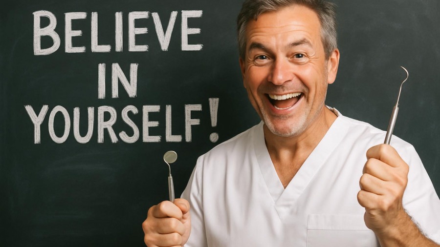 Energetic dentist promoting enhancing practice culture with dental tools and motivation.