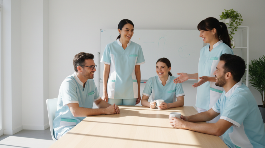 Dental team morning meeting showcasing strong communication and engagement.