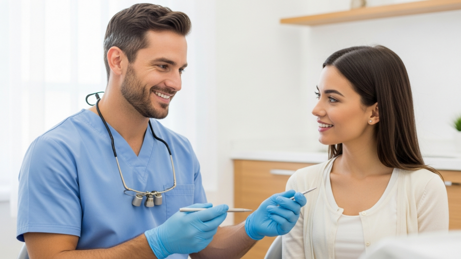 Confident dentist discussing treatment plan with patient in inviting dental office.