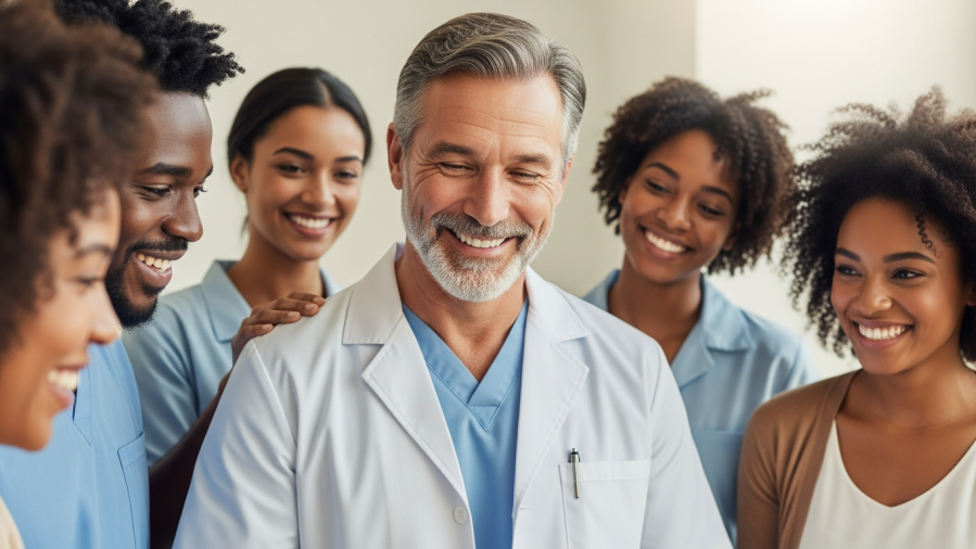 Compassionate dentist engaging diverse community, showcasing dental care access at Smiles of Hope.