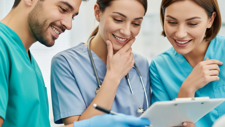 Dental team smiling and collaborating to improve dental communication and practice efficiency.