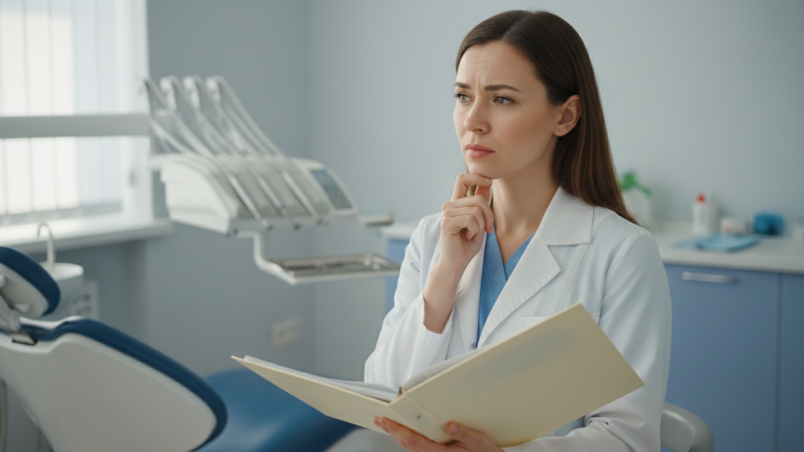 Thoughtful young dentist in a white coat contemplating dental school debt management.