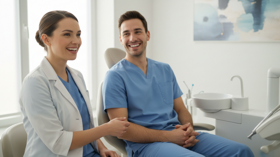 Friendly dentist greeting a smiling patient, showcasing patient engagement strategies in a bright dental office.