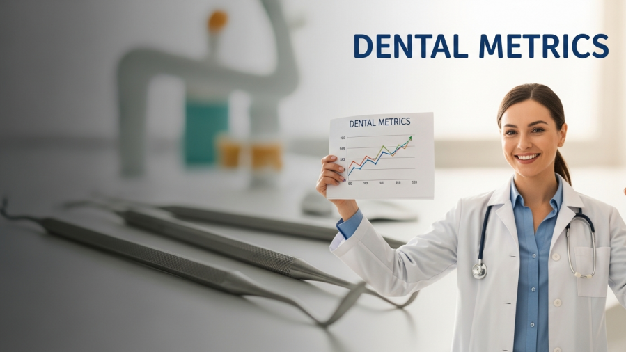 Celebrating dentist with KPI dental practice chart, showcasing growth and success.