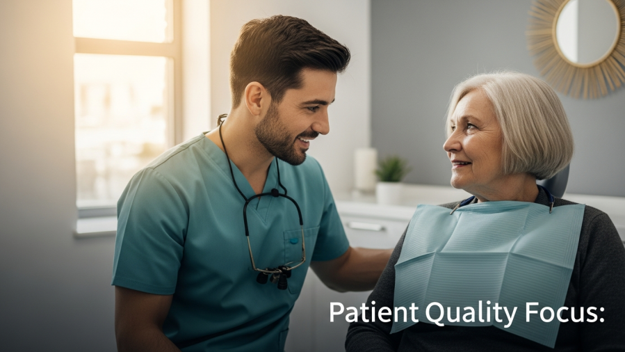 Dentist discussing treatment with a prospective patient, illustrating client selection strategy.