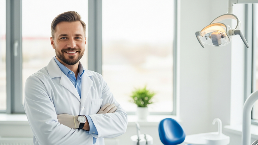 Confident dentist in a modern office, fostering patient trust and ethical practices.