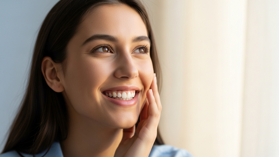 Smile Makeover Duration: Confident young adult with even teeth and hopeful expression.