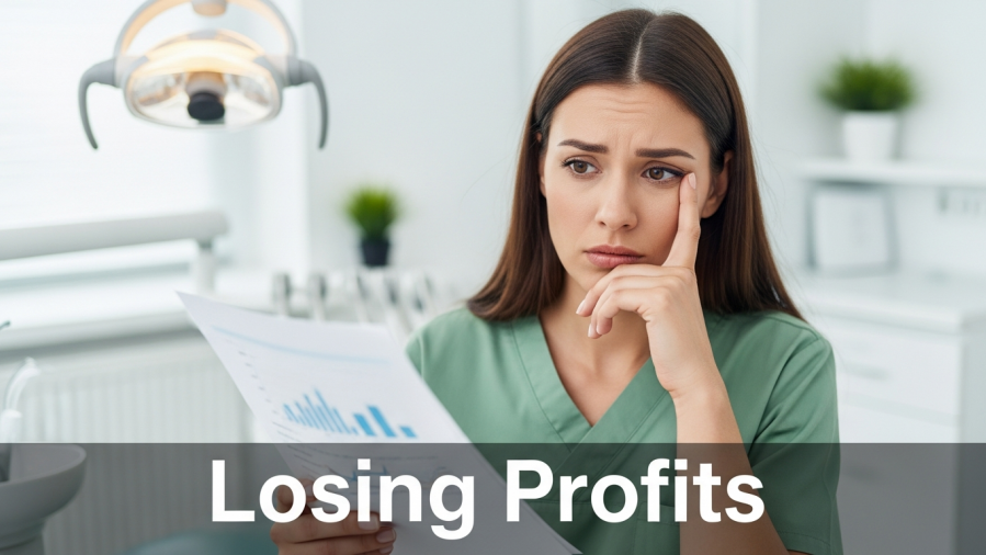 Concerned dentist in bright office assessing financial documents, highlighting revenue loss in dentistry.
