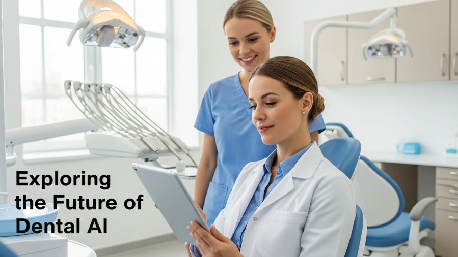 Confident dentist uses Practice Management AI on a tablet in modern dental office.