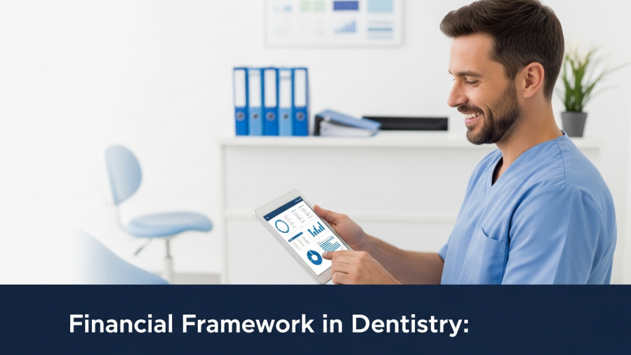 Confident dentist reviewing patient payments in bright clinic, highlighting financial policies.