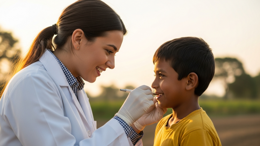 Rural dental care: A young dentist in a white coat compassionately helps a smiling child.