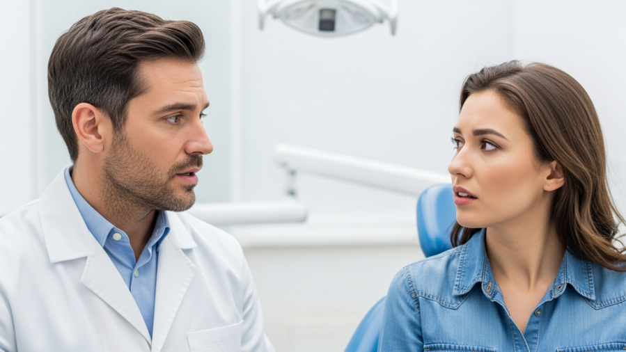 Concerned dentist discusses Medicaid challenges with patient, highlighting dental care access.