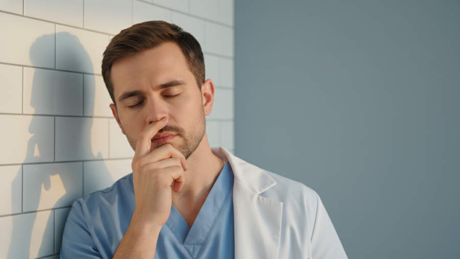 Thoughtful dentist expressing concern over dental reimbursement issues and financial challenges.