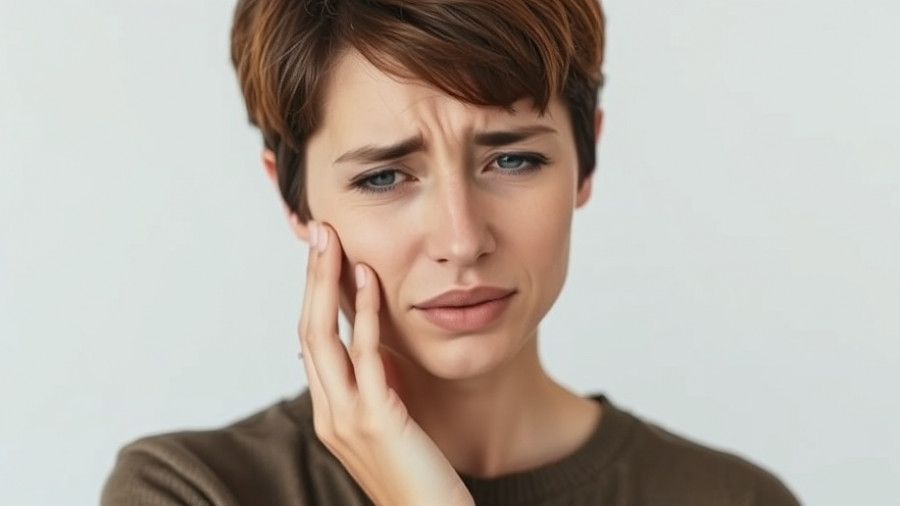 Young woman in dental pain, possibly from wisdom teeth removal, against bright background.