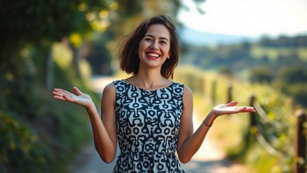 Joyful woman smiling in patterned dress, vibrant outdoor scene