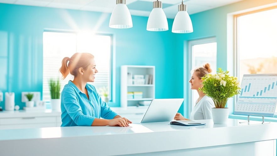 Dental practice communication at front desk, showcasing warm patient interaction.