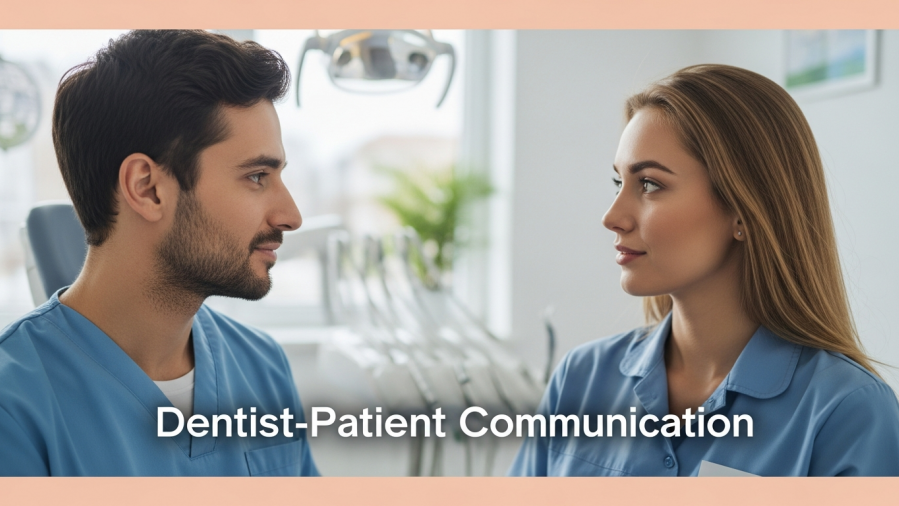 Confident dentist engaging with attentive patient, showcasing effective dental communication.