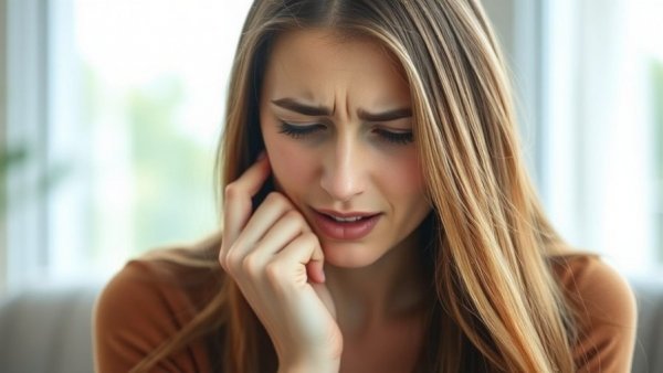 Swollen jaw symptoms shown by young woman in discomfort indoors.