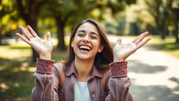 Joyful woman outdoors, embodying connection and positivity.