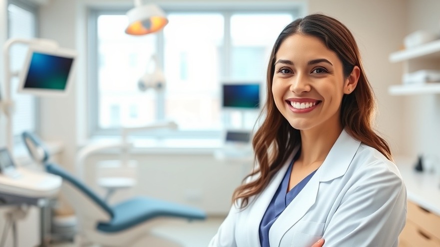 Confident young female dentist in a welcoming clinic, showcasing effective dentist marketing techniques.
