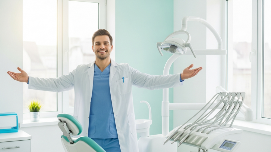 Confident dentist in a bright office, showcasing dental practice systems for better productivity.