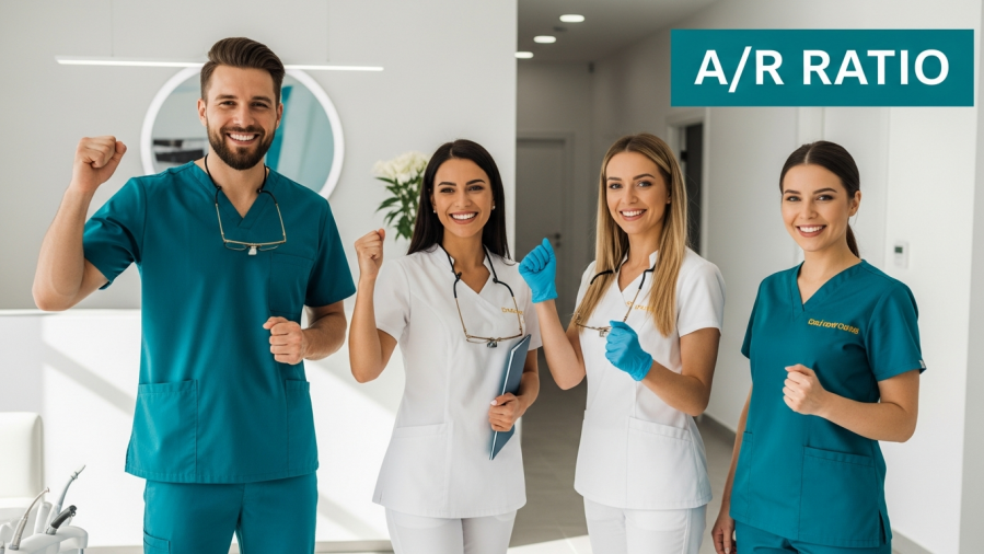 Confident dental team celebrates success in cash flow management, A/R Ratio strategies.