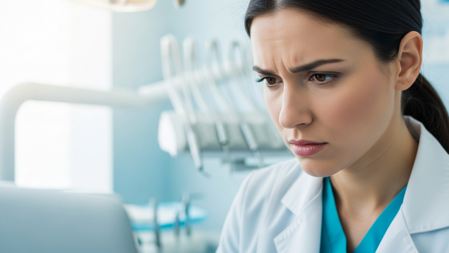 Modern dentist concerned while improving dental practice online, focusing on patient acquisition.