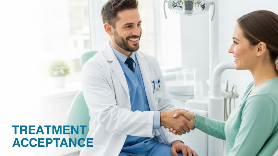 Confident dentist shaking hands with happy patient, emphasizing dental treatment acceptance.