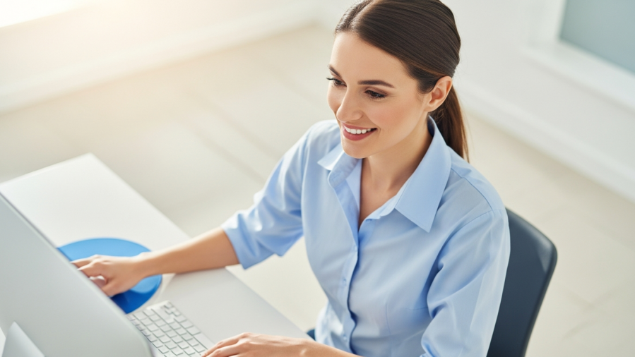Smiling dental receptionist uses block scheduling for efficient appointment management.