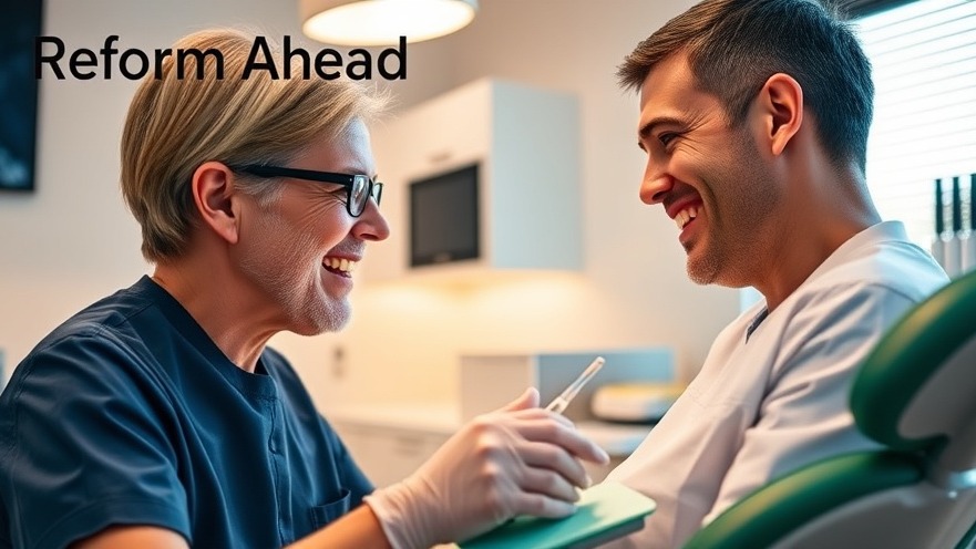 Empathetic dental care reform: Dentist and patient communicate in a modern setting.