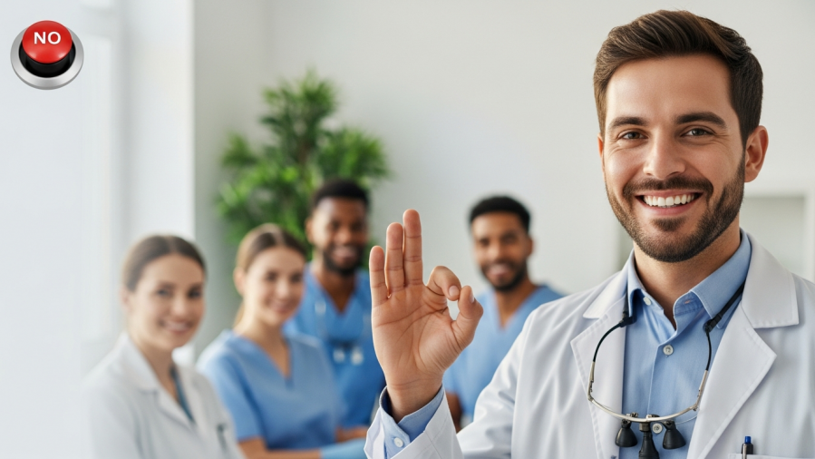 Smiling dentist confidently saying 'no' to stress; self-care tips for dentists.