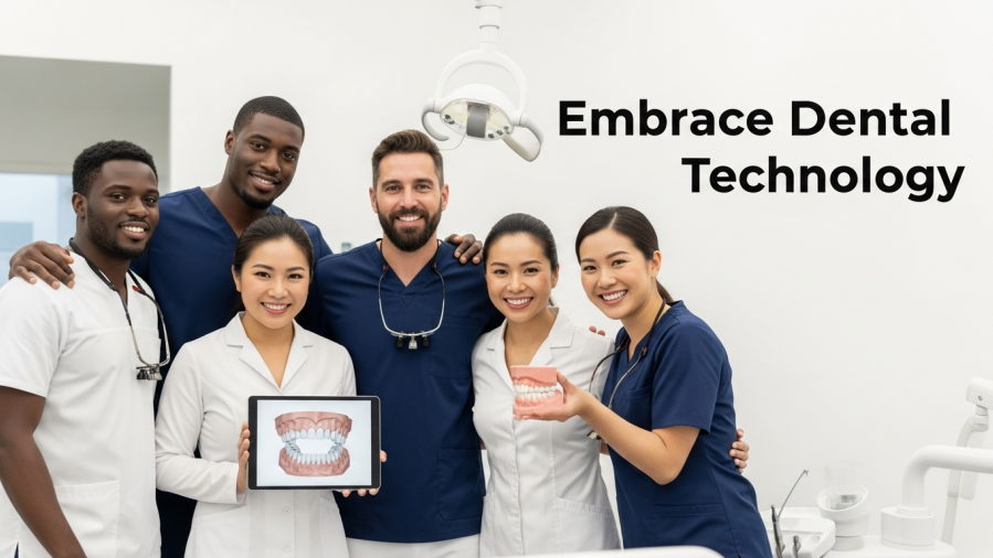 Diverse dental team celebrating success, showcasing dental technology trends.