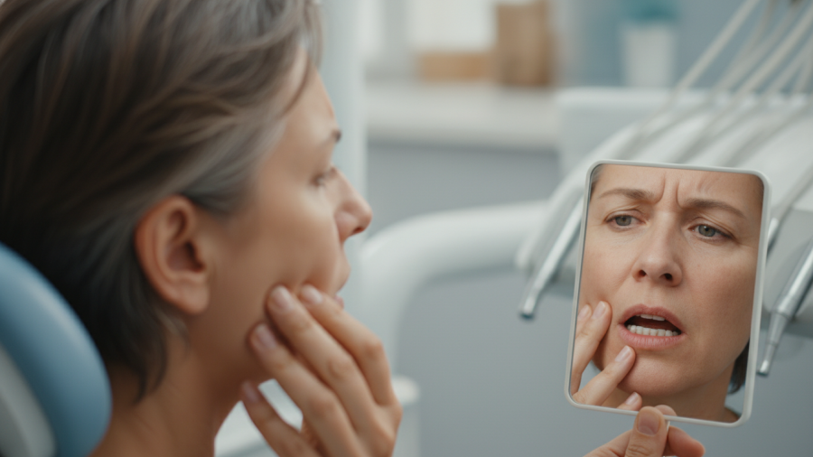 Concerned middle-aged person examines dental implants, reflecting on oral health.