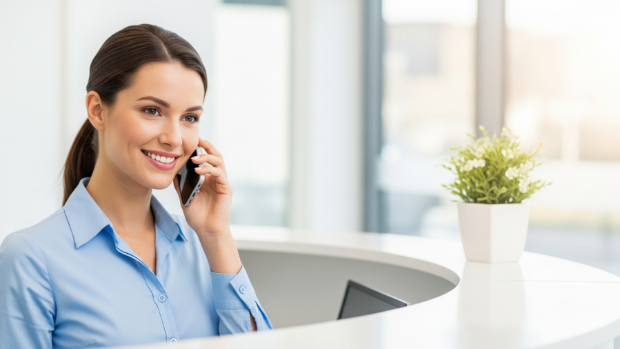 Confident dental receptionist engaged on a call, reflecting effective patient engagement.