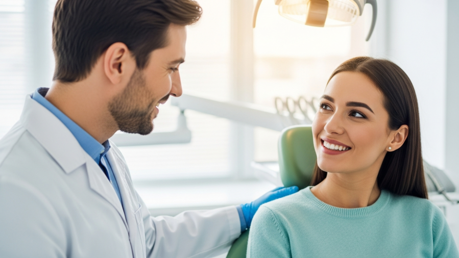 Confident dentist builds patient trust through effective communication in modern dental office.