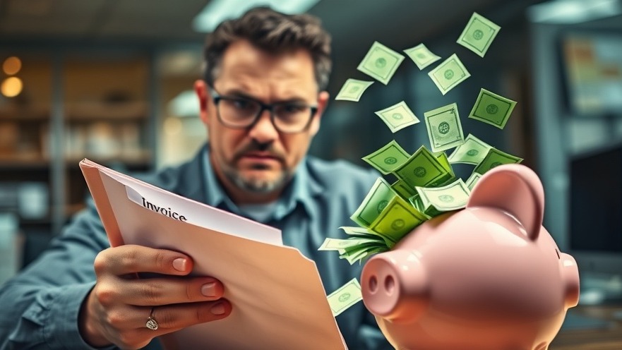 Frustrated dentist examining invoices amidst vibrant dollar bills, highlighting collections management.
