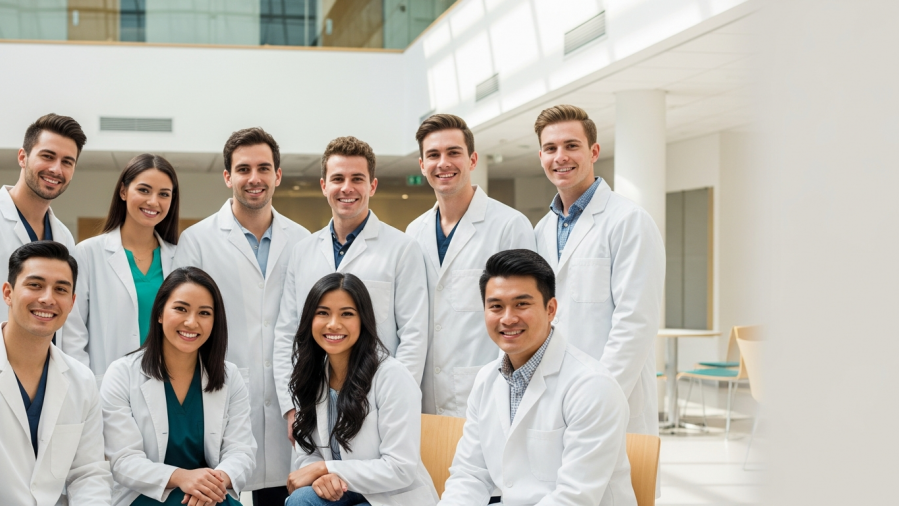 Diverse dental students at UF College of Dentistry showcasing confidence in a modern atrium.