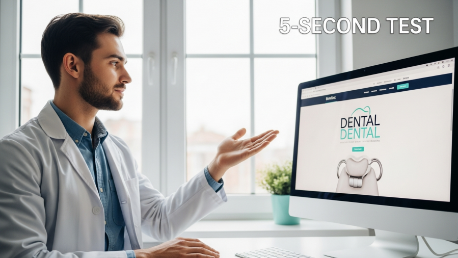 Confident dentist showcasing effective website design for dental practices.