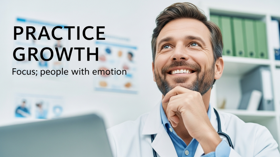 Confident dentist reflecting on dental industry trends with emotion, soft natural lighting.