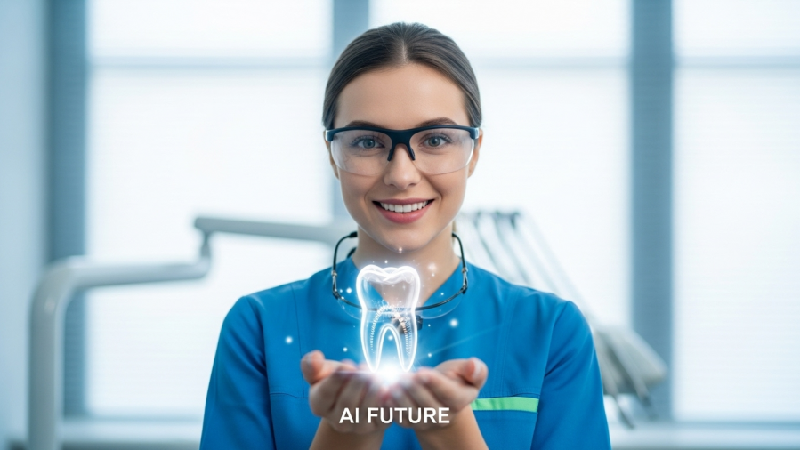 Optimistic young dentist explores AI in dental practices with a holographic tooth model.