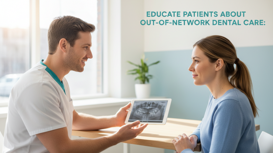 Confident dentist explains out-of-network benefits to patient, fostering trust.