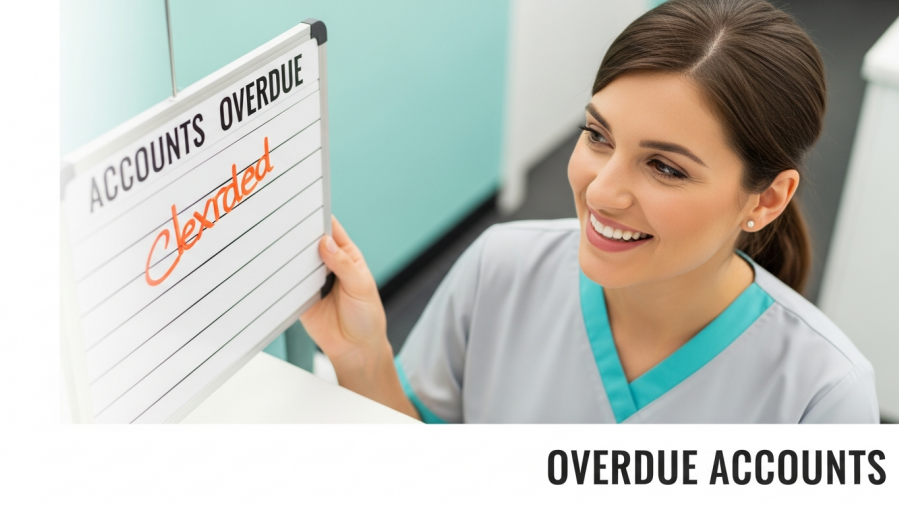 Relieved dental receptionist smiles at cleared overdue accounts board, showcasing patient trust.