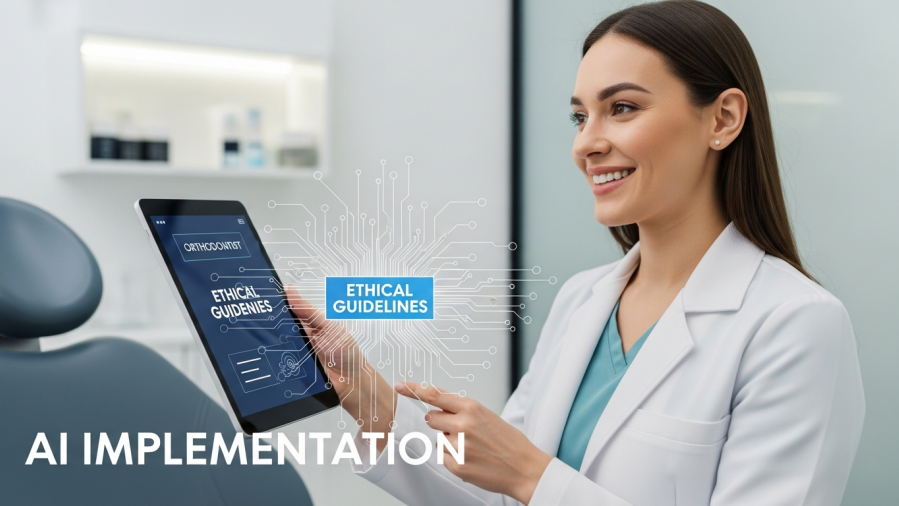 Confident orthodontist holding a tablet with ethical AI practices in healthcare.