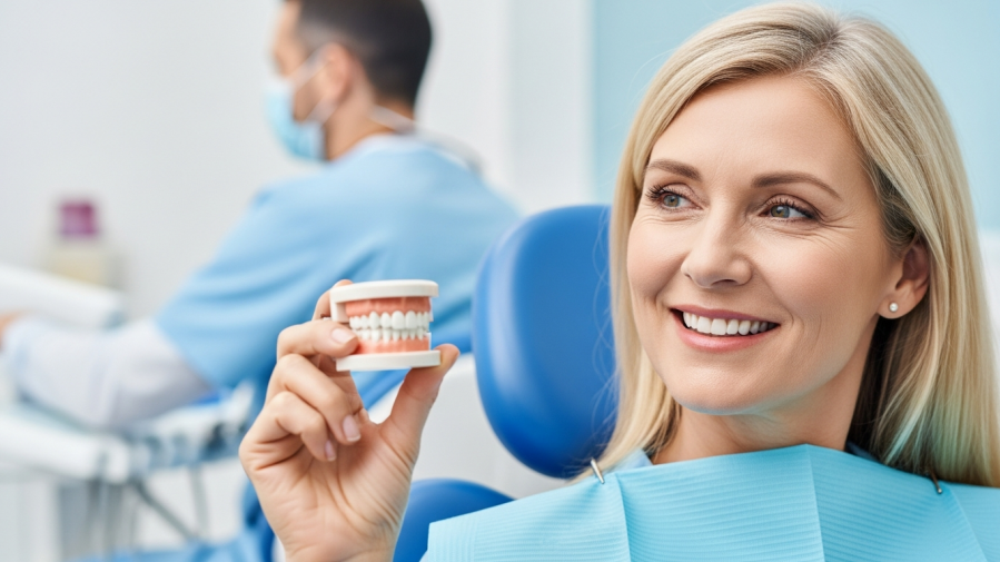 Smiling woman showcases dental crown, highlighting confidence in dental restoration process.