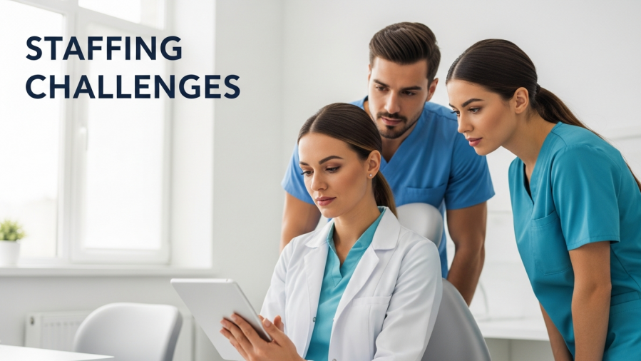 Female dentist examining staffing schedule, showcasing effective dentist recruitment strategies.