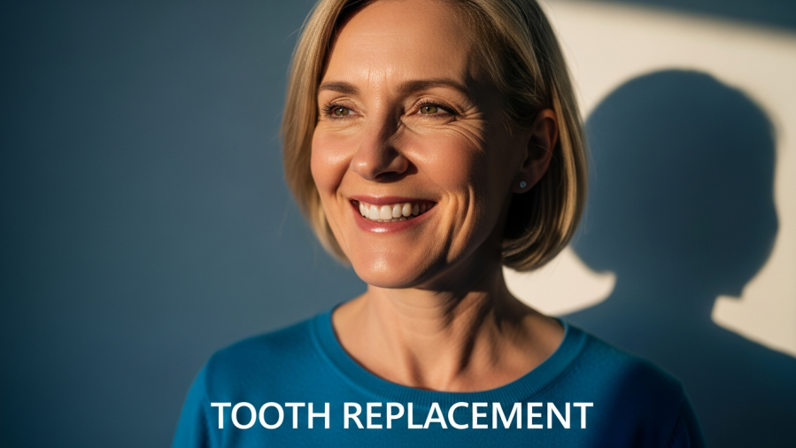 A confident middle-aged person smiles, showing healthy teeth, reflecting on tooth loss effects.
