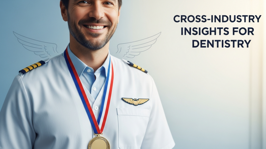 Confident dentist smiles in modern uniform, showcasing cross-industry insights in dentistry.