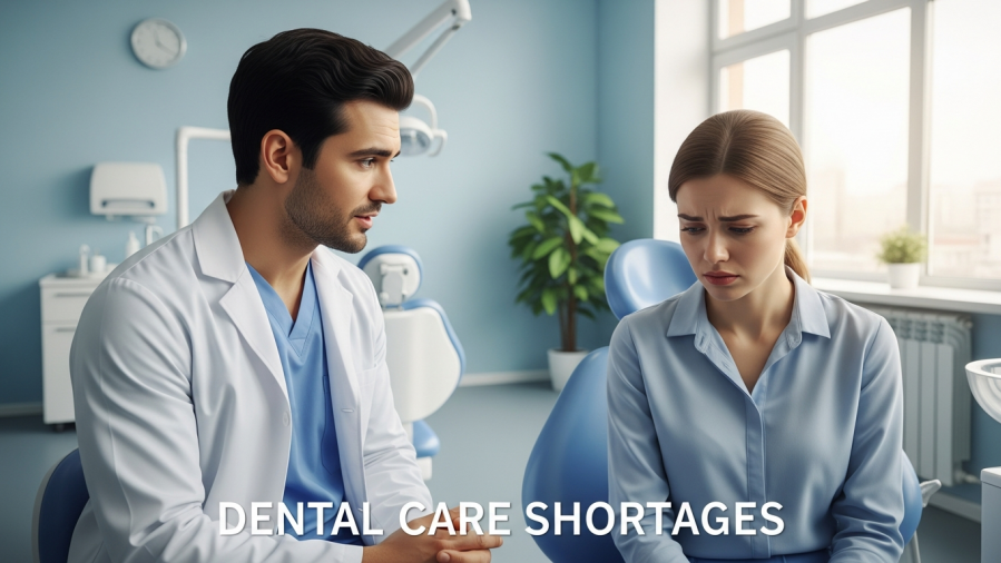 Concerned dentist discussing healthcare access with a worried patient in a dental clinic.